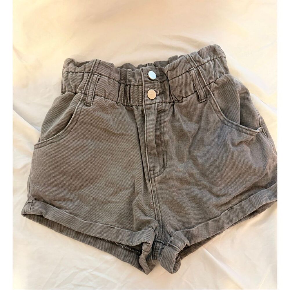 Day + Moon High Waisted Gray Denim Paperbag Shorts Elastic Waist Pockets Size S